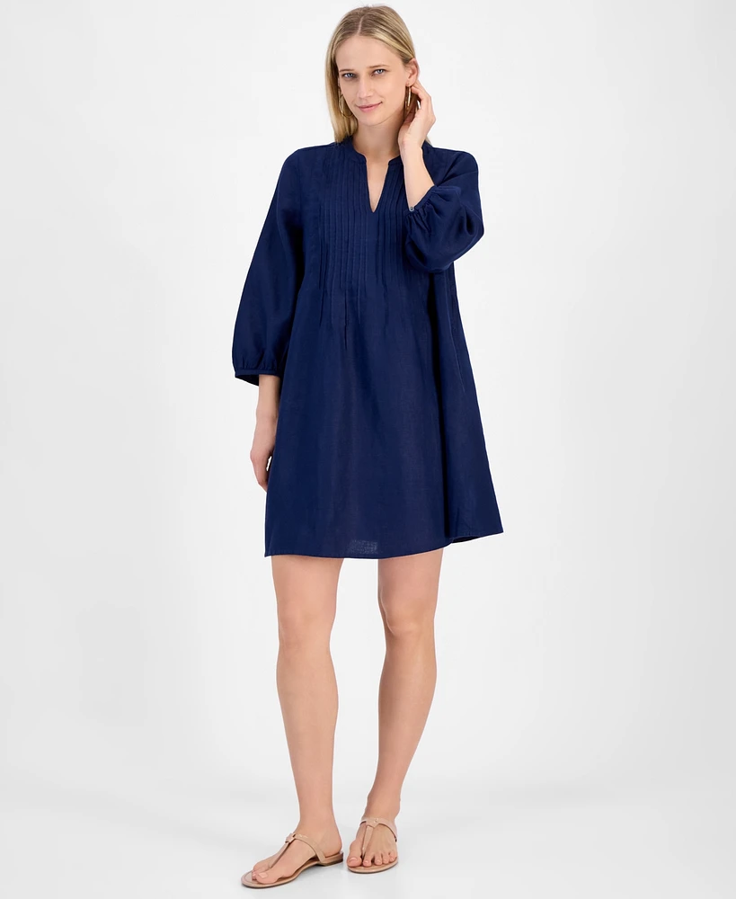 Charter Club Women's 100% Linen 3/4-Sleeve Pintuck Dress, Exclusively at Macy's