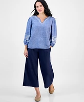 Charter Club Petite Delave Embroidered Linen Blouse, Exclusively at Macy's