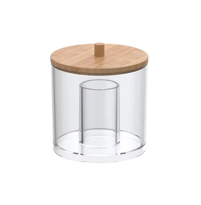 Acrylic Cotton Ball and Swab Organizer with Bamboo Lid-Clear Qtips Dispenser, Easy Refill Jar, Vanity Organizer