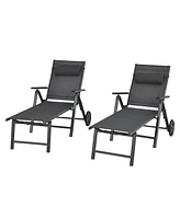 2PCS Patio Lounge Chair W/ Wheels Neck Pillow Aluminum Frame Adjustable