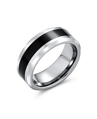Bling Jewelry Simple Two Tone Black Center Couples Titanium Band Ring Silver Tone Beveled Edge 8MM