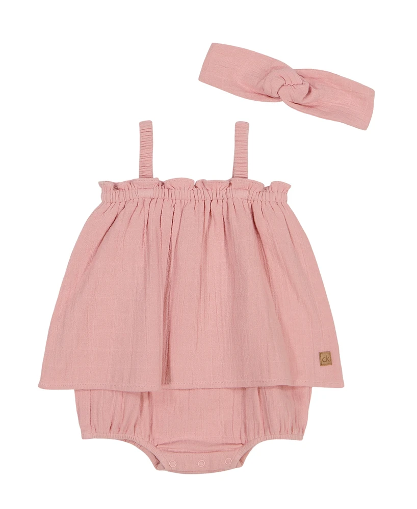 Calvin Klein Baby Girls 2-Piece Gauze Sunsuit and Matching Headband Set