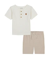 Calvin Klein Baby Boys 2-Piece Slub Jersey Henley T-Shirt and Tonal Plaid Shorts Set