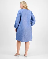 Charter Club Plus Linen Pleated Blouson-Sleeve Shift Dress, Exclusively at Macy's