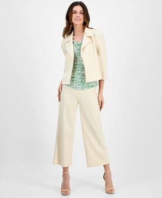 Anne Klein Womens Ruched Cowlneck Blouse High Rise Pull On Pants 3 4 Sleeve Open Front Blazer
