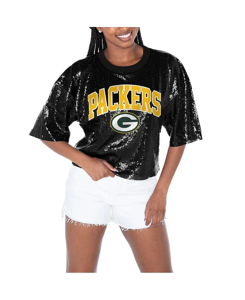 Gameday Couture Women's Black Green Bay Packers Rise Up Sequin Cropped T-Shirt