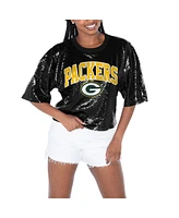 Gameday Couture Women's Black Green Bay Packers Rise Up Sequin Cropped T-Shirt