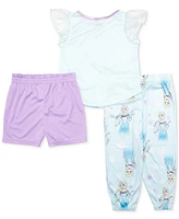 Frozen Toddler Girls Short-Sleeve Frill Top, Shorts & Jogger Pants Pajamas, 3 Piece Set