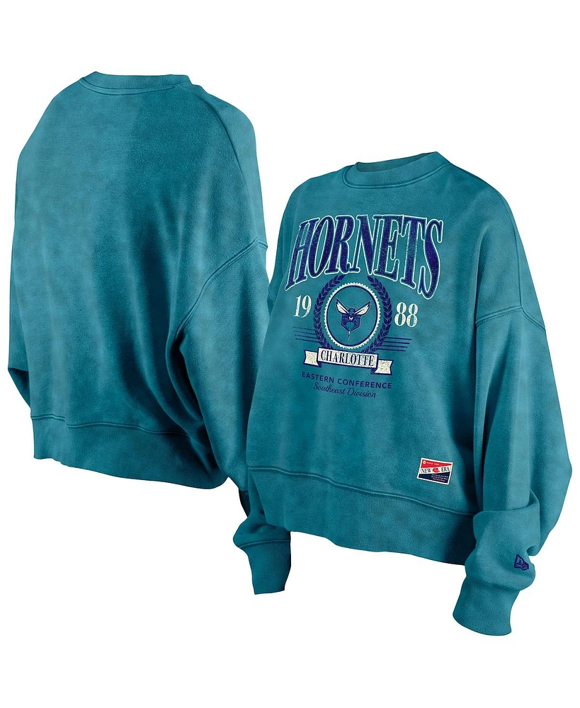 New Era Women's Teal Charlotte Hornets Hardwood Classics Enzyme Wash Oversized Boxy Pullover Sweatshirt