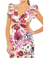 Mac Duggal Women's Floral Print Ruffle Shoulder Cut Out Gown