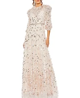 Mac Duggal Women's Floral Applique Puff Sleeve High Neck A-Line Gown