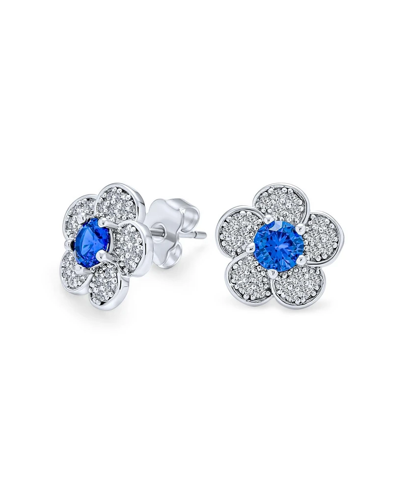Bling Jewelry Flower Petals Cubic Zirconia Pave Cz Stud Earrings Blue Center Silver Plated Brass