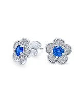 Bling Jewelry Flower Petals Cubic Zirconia Pave Cz Stud Earrings Blue Center Silver Plated Brass