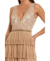Mac Duggal Women's Beaded Mesh V Neck Gown With Tiered Ruffles
