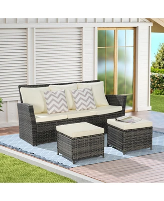 3-Piece Wicker Patio Set, Sofa, Ottomans