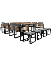 18-pc Acacia Patio Dining Set, 8 Chairs, 8 Ottomans, 2 Tables, Cushioned, Gray