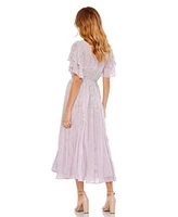 Mac Duggal Women's High Neck Sequined Flutter Sleeve Midi Dress