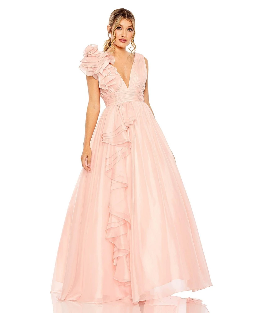 Mac Duggal Women's Ruffle Shoulder V-Neck Chiffon Gown