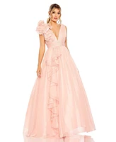 Mac Duggal Women's Ruffle Shoulder V-Neck Chiffon Gown