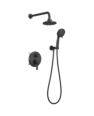 Single-Handle 1-Spray Round Rain Shower Faucet Combo Set with Dual Function Pressure Balance Valve in Matte Black