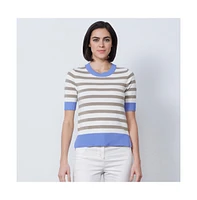 Etcetera Women's Beige Blue Stripes Jersey Pullover Sweater Notebook