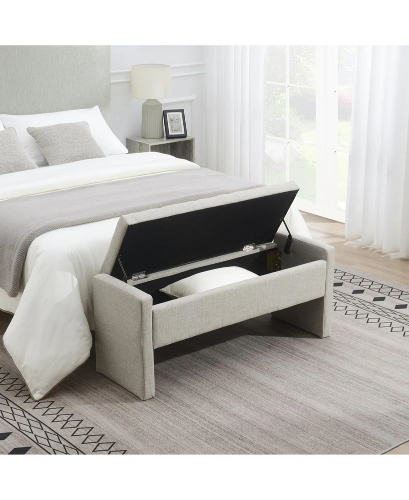 Upholstered End Bench with Storage, Vanity Stool, Light Grey Linen