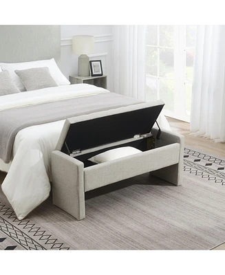 Upholstered End Bench with Storage, Vanity Stool, Light Grey Linen