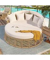 Rattan Round Daybed, Retractable Canopy, Cushions, Patio/Poolside, Beige