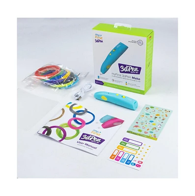 myFirst 3D Pen Make - Multi-Speed Printing Drawing Pen with 6 Colorful Filaments, Stencil Book, and Charger - Blue