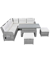 Patio Rattan Furniture Set, Adjustable Table, Recliners, Ottomans, Beige