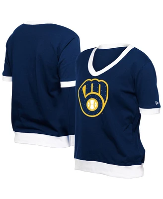 New Era Women's Navy Milwaukee Brewers Game Day Rhinestone V-Neck T-Shirt