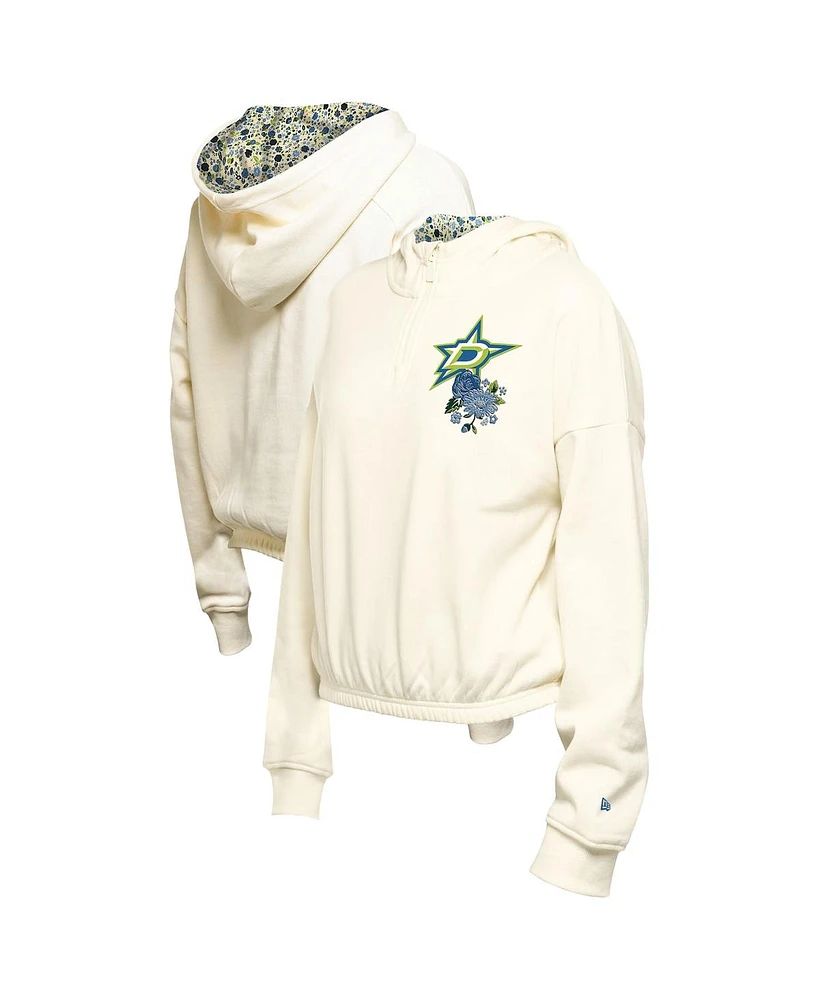 New Era Women's Cream Dallas Stars Glam Game Quarter-Zip Cropped Floral Hoodie Pullover Top