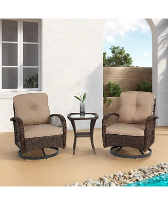 3-Piece Swivel Rocker Patio Set, Chairs, Cushions, Glass Table - Khaki