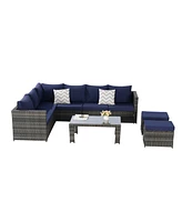 6pc Outdoor Patio Set, Wicker Sofa, Glass Table, Cushions & Pillows