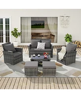 6 Piece Wicker Patio Furniture Sets with Ottoman & Tempered Glass Coffee Table