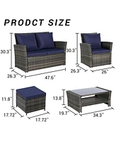 6 Piece Wicker Patio Furniture Sets with Ottoman & Tempered Glass Coffee Table