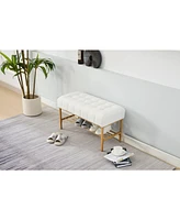 Embroidered Fabric Upholstered Shoe Bench with Shelf and Metal Legs