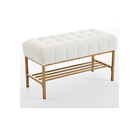 Embroidered Fabric Upholstered Shoe Bench with Shelf and Metal Legs