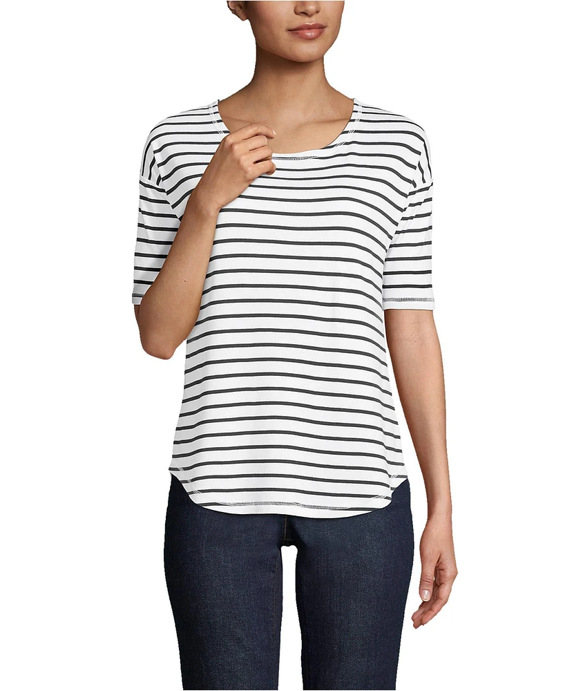 Lands' End Women's Supima Micro Modal Elbow Sleeve Balletneck Curved Hem Stripe Top