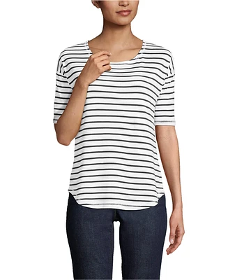 Lands' End Women's Supima Micro Modal Elbow Sleeve Balletneck Curved Hem Stripe Top