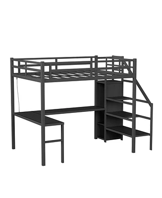Full Size Loft Bed with L-shaped Desk and Usb, Metal Loft Bed with Wardrobe and Adjustable Shelf, High Loft Bed with Led for Kids Teens Adults