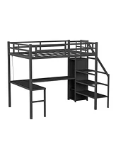 Full Size Loft Bed with L-shaped Desk and Usb, Metal Loft Bed with Wardrobe and Adjustable Shelf, High Loft Bed with Led for Kids Teens Adults
