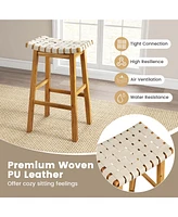 Woven Saddle Stools Set of 2 31'' Faux Pu Leather Bar Height Kitchen Stool