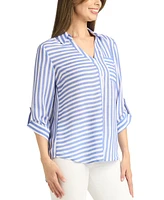 Bcx Juniors' Striped Button-Front 3/4-Sleeve Shirt
