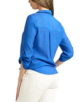 Bcx Juniors' Textured Roll-Sleeve Button-Front Top
