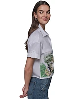 Karl Lagerfeld Paris Women's Cotton Crop Scene Button-Front Top