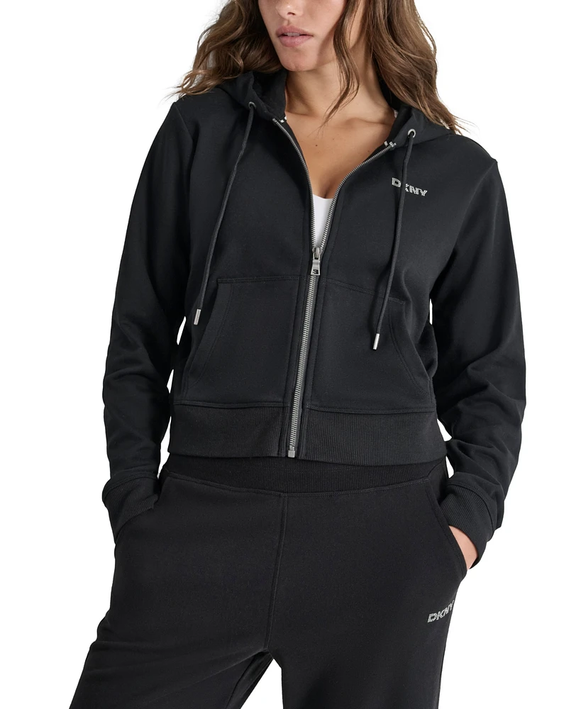 Dkny Sport Women's Cotton-Blend Stud-Logo Full Zip Hoodie