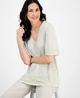 Jm Collection Women's V-Neck Short-Sleeve Shimmer Sweater, Exclusively at Macy's