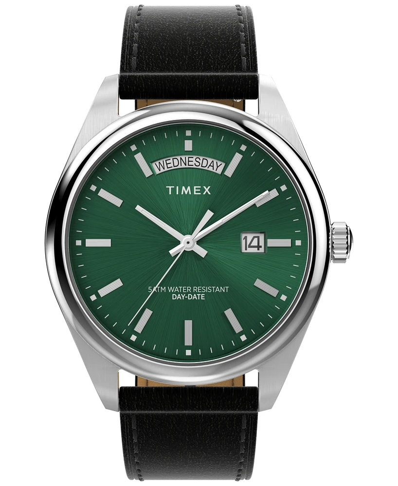 Timex Men's Analog Black Leather Strap Watch, 41mm