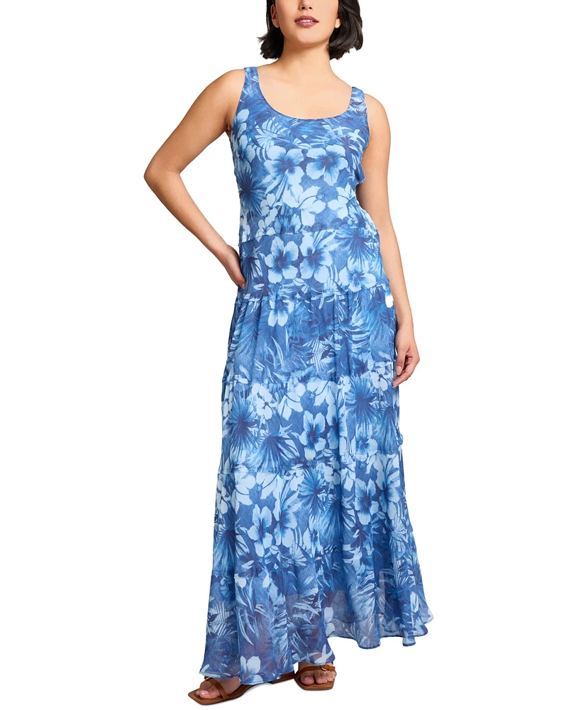 Jones New York Women's Printed Chiffon Scoop-Neck Maxi Dress